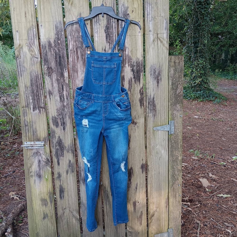 WAX JEAN Denim Skinny Leg Overalls with Distressed Details S